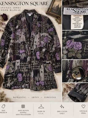 Vintage Kensington Square Floral Rayon Blazer M Made USA Purple Black 90s